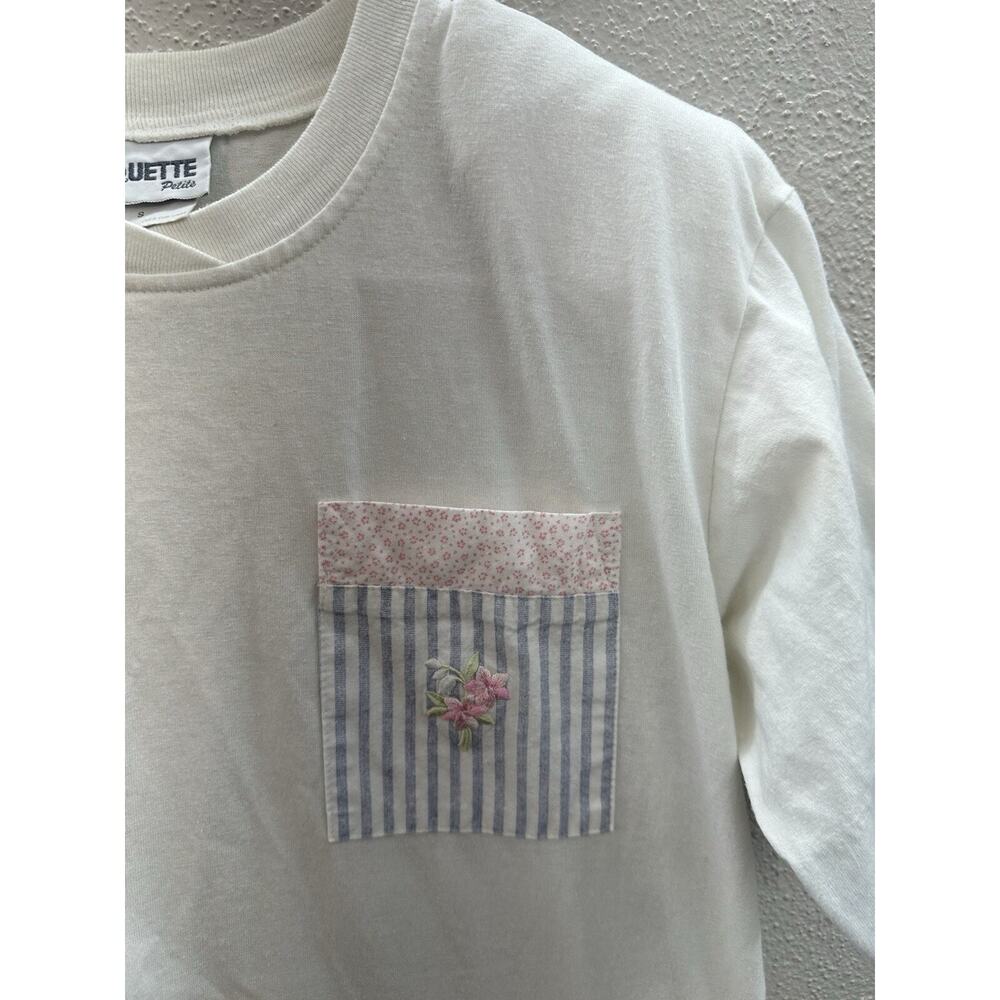 Paquette Womens Top Size Petite Small White Floral Pocket Short Sleeve USA VTG - Picture 3 of 12